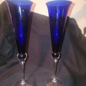 Set of 2 Cobalt Blue Trumpet Champagne Flutes – 11” Tall, Clear Stem – New